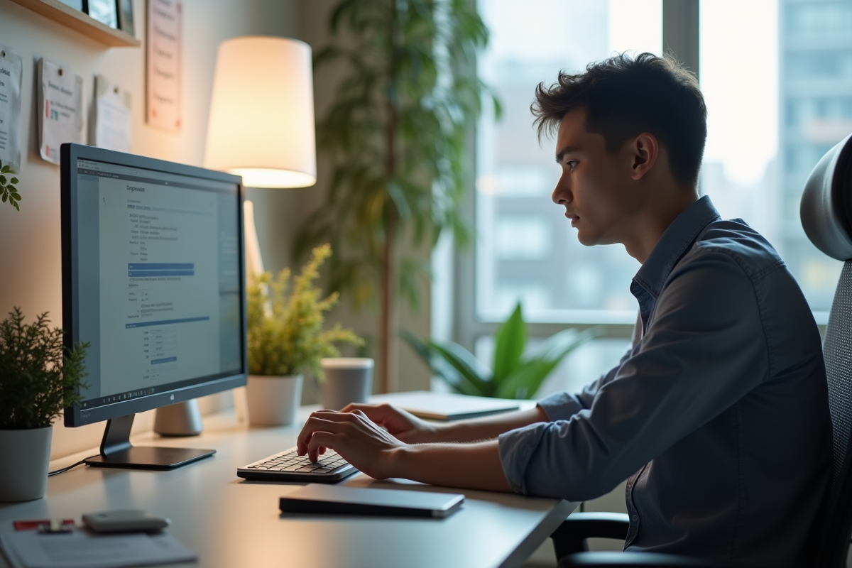 Jeune professionnel utilisant un ordinateur dans un bureau lumineux