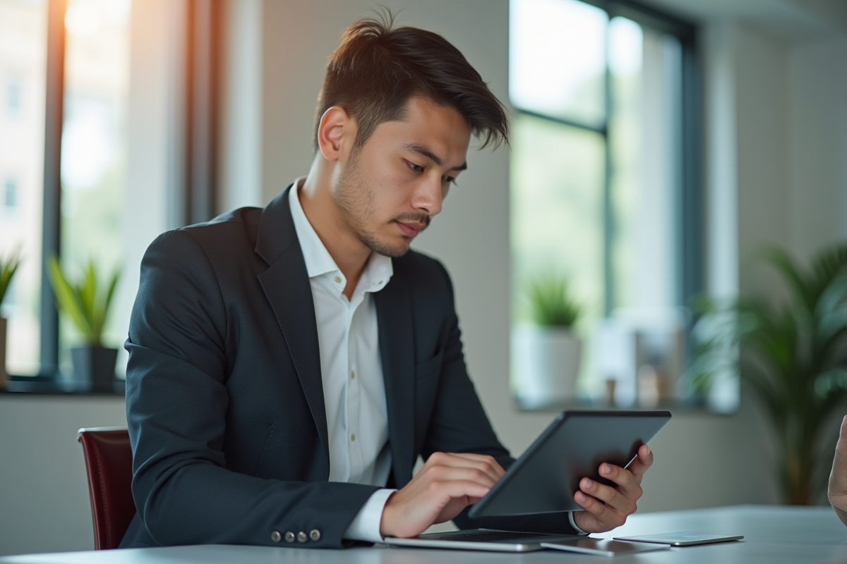 Jeune professionnel vérifiant ses emails sur une tablette dans un bureau lumineux
