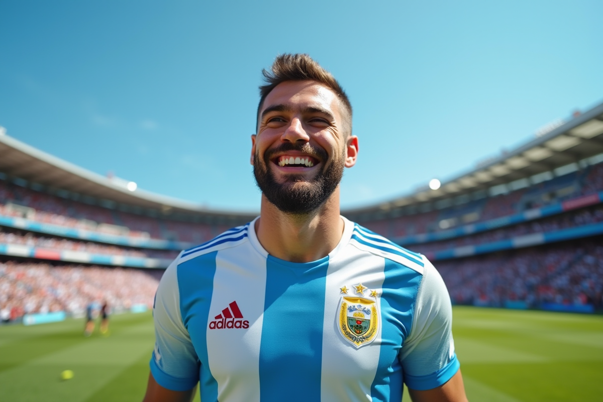 Joueur argentin de rugby souriant en maillot moderne sur le terrain