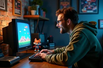 Joueur découvrant un easter egg de Star Fox sur un moniteur CRT dans une salle de jeux rétro