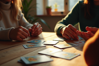 Deux personnes jouent à la crapette avec un tarot sur une table en bois