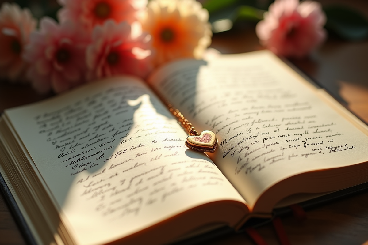 Journal ouvert avec notes et pendentif en forme de coeur