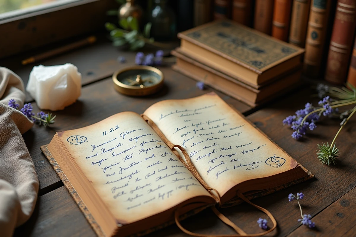 Journal ouvert avec le chiffre 11h22 entouré, cristaux et lavande sur un bureau en bois évoquant la symbolique de l'ange gardien