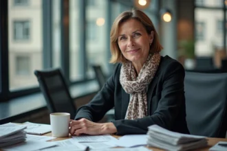Journaliste française en blazer dans un bureau de presse