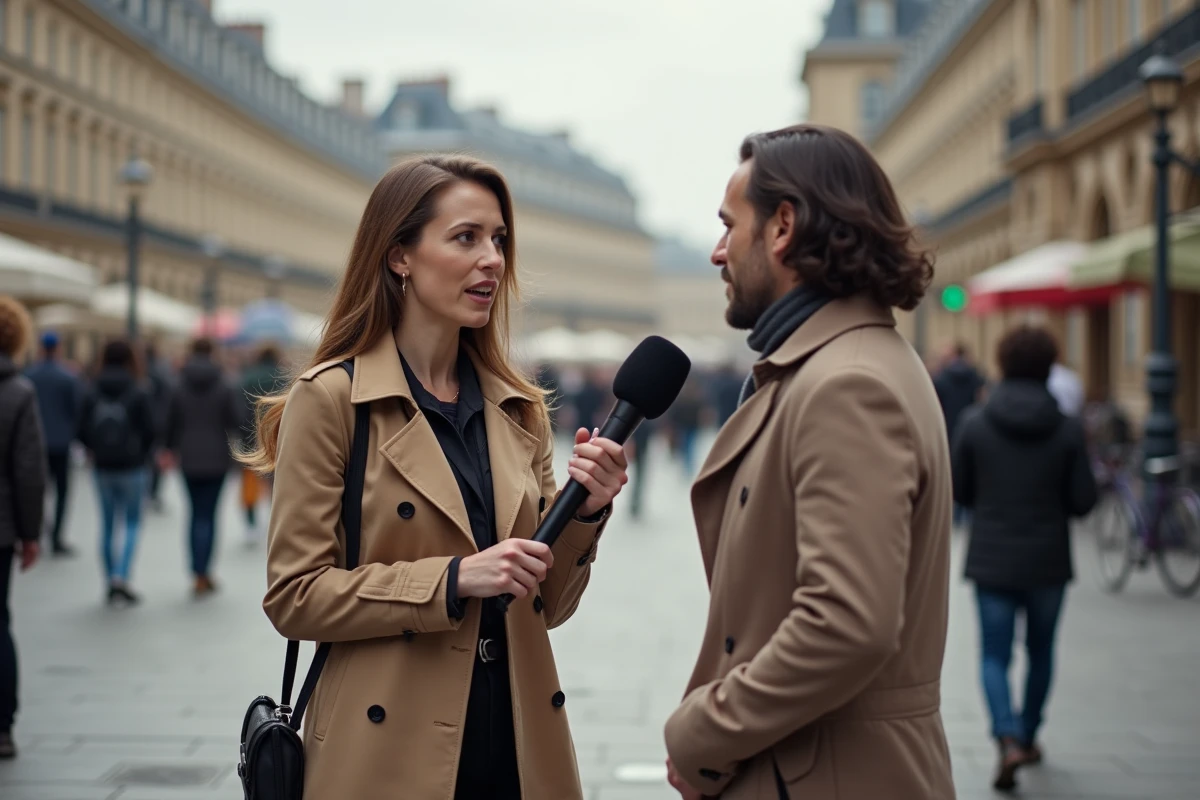 Femme journaliste interviewant dans une place parisienne