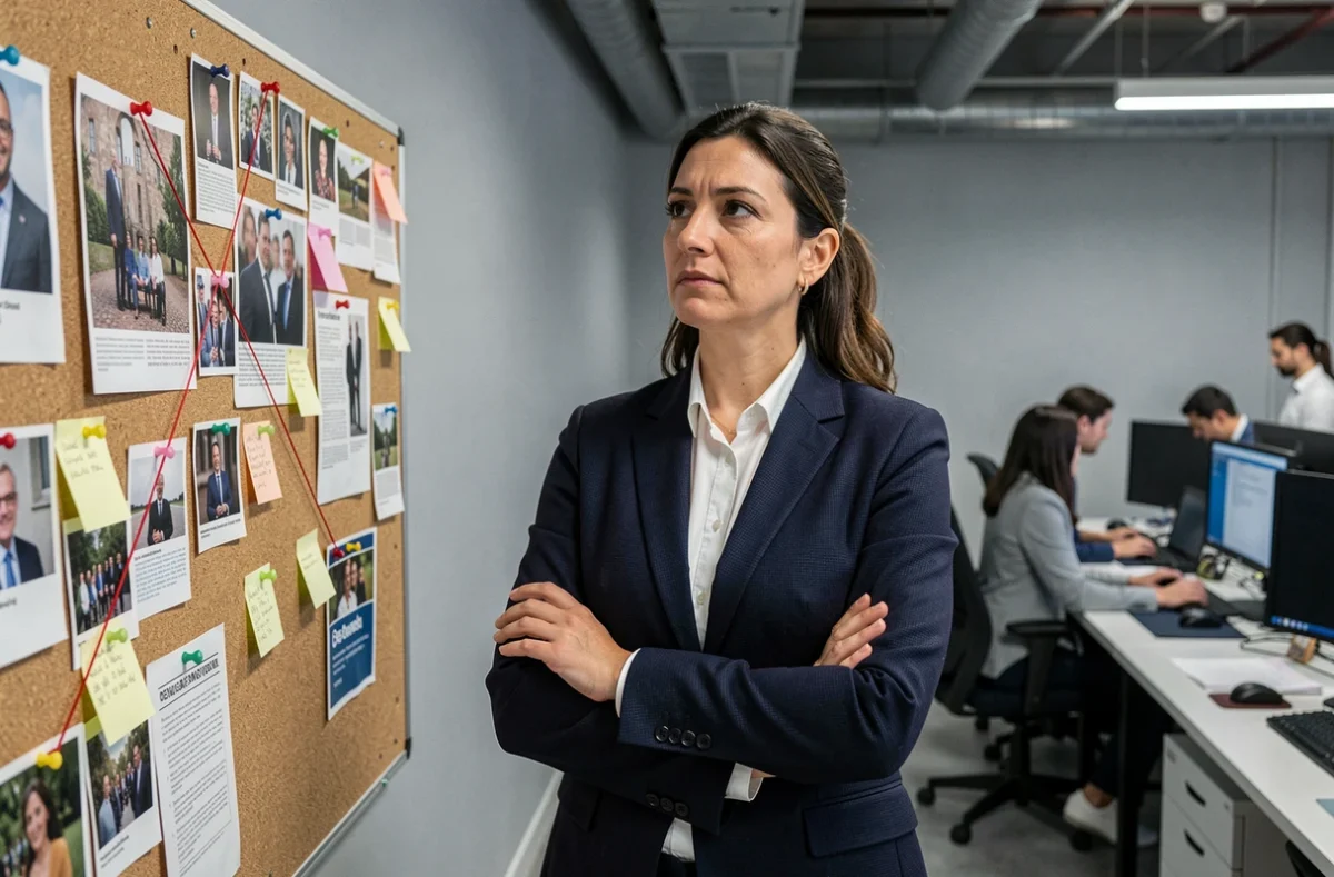 Journaliste femme analysant un tableau d'enquête avec des photos et des notes dans une salle de rédaction moderne pour démêler une biographie
