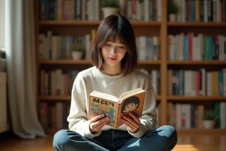 Jeune femme lisant un manga de la série Exorcism Records Journey to the West dans un appartement cosy entouré de livres