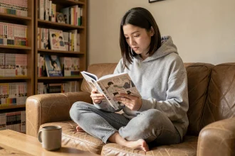 Jeune femme lisant des mangas sur une tablette dans un salon cosy avec des étagères remplies de volumes manga