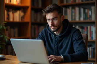 Jeune homme consultant un site de scan manga sur son ordinateur portable dans un bureau à domicile entouré de volumes de manga