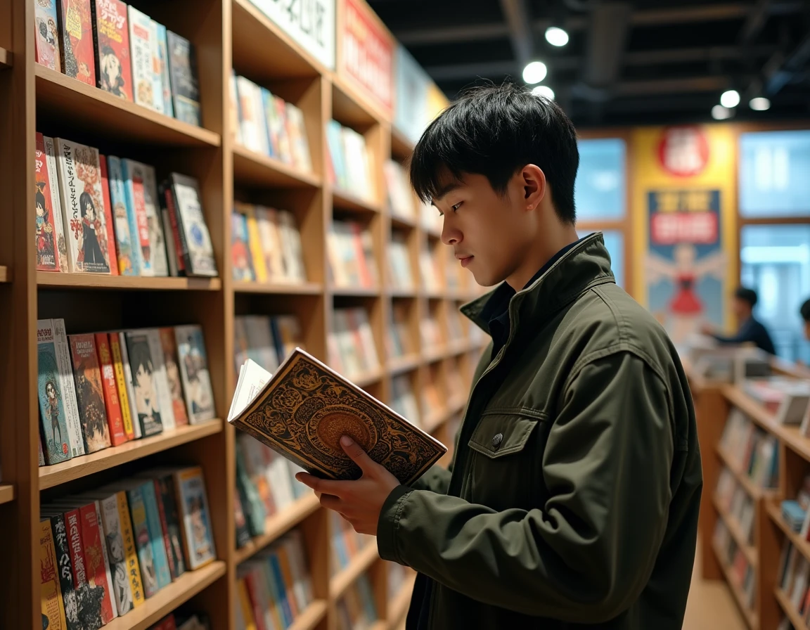 Homme parcourant des mangas dans une librairie spécialisée pour choisir par où commencer la série Journey to the West