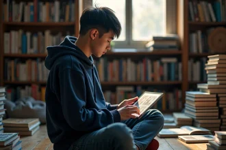 Jeune homme feuilletant un scan de manga One Piece sur tablette entouré de volumes de manga empilés dans une bibliothèque