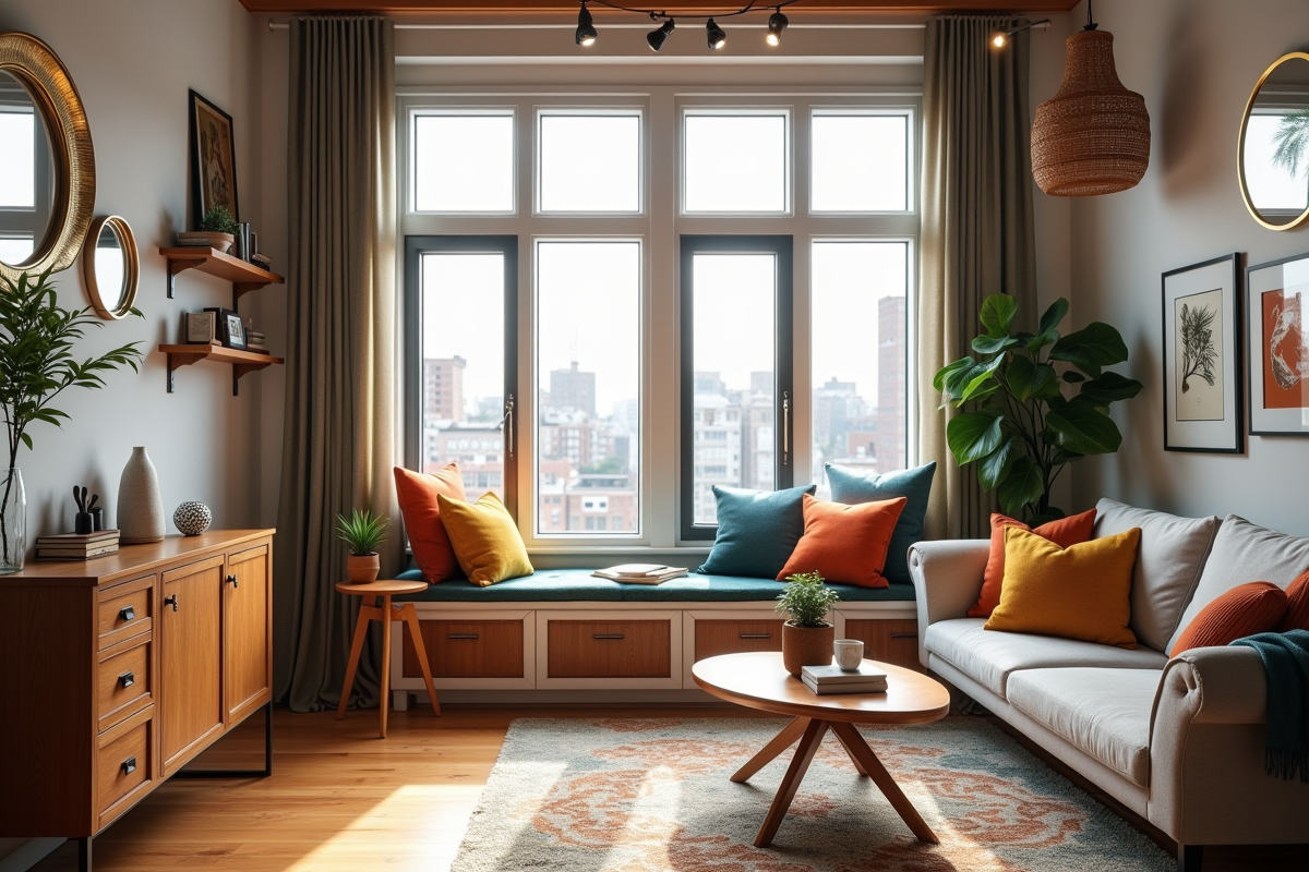 Salon de loft urbain avec mobilier multifonction et miroirs