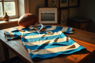 Maillot vintage de rugby argentin des années 1960 sur une table en bois