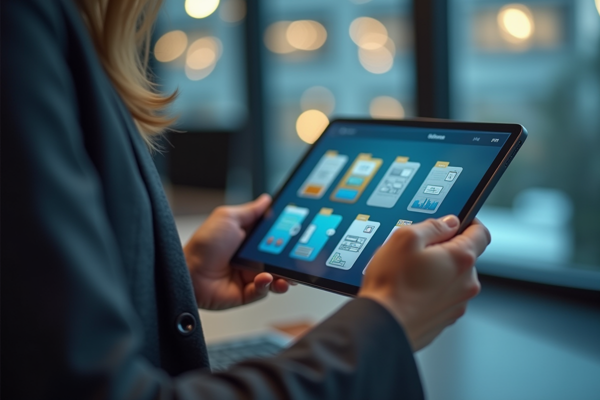 Mains tenant une tablette avec organisation de documents numériques