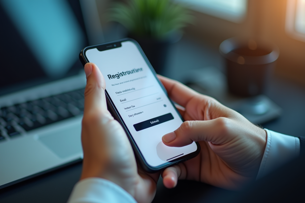Mains tenant un smartphone avec un formulaire d inscription