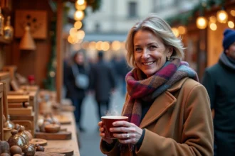 Femme souriante au marché de Noël de Lyon avec un manteau et foulard coloré