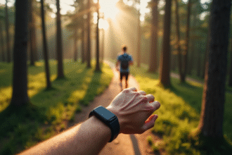 Personne marchant sur un sentier forestier avec un tracker de fitness