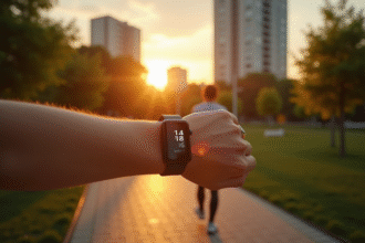 Personne marchant dans un parc urbain au lever du soleil avec montre connectée