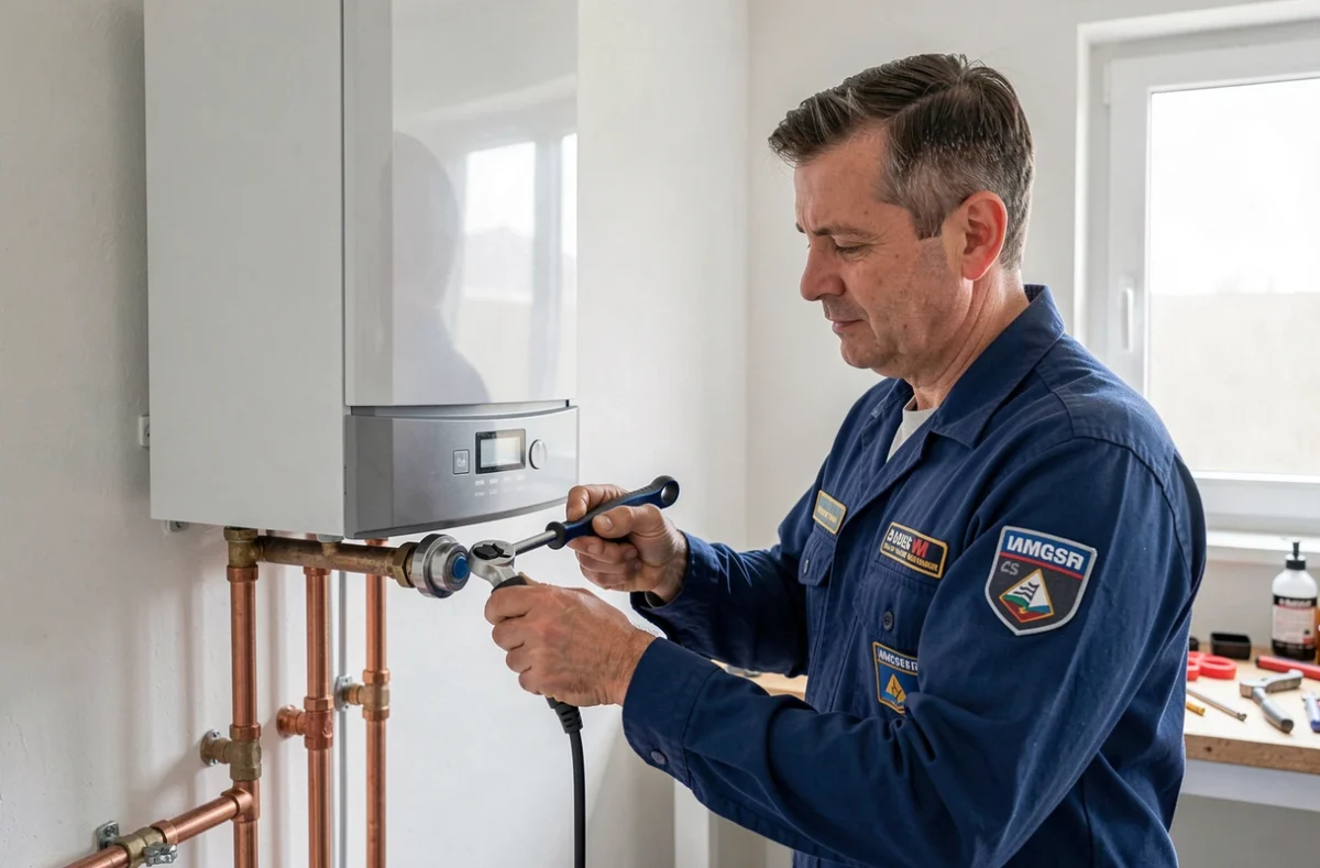 Technicien de Mathieu Entreprise installant une chaudière murale dans un espace technique résidentiel