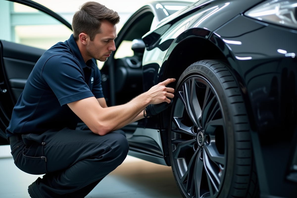 Mécanicien inspectant une roue de voiture avec porte ouverte