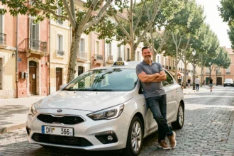 Vue générale d'un taxi moderne garé dans une rue ensoleillée de l'Hérault, illustrant le secteur des taxis dans la région