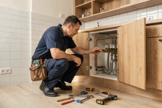 Plombier professionnel inspectant des canalisations dans un appartement à Reims