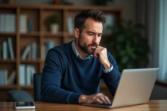 Homme frustré devant son ordinateur portable essayant de récupérer son mot de passe oublié pour se connecter à un espace membre