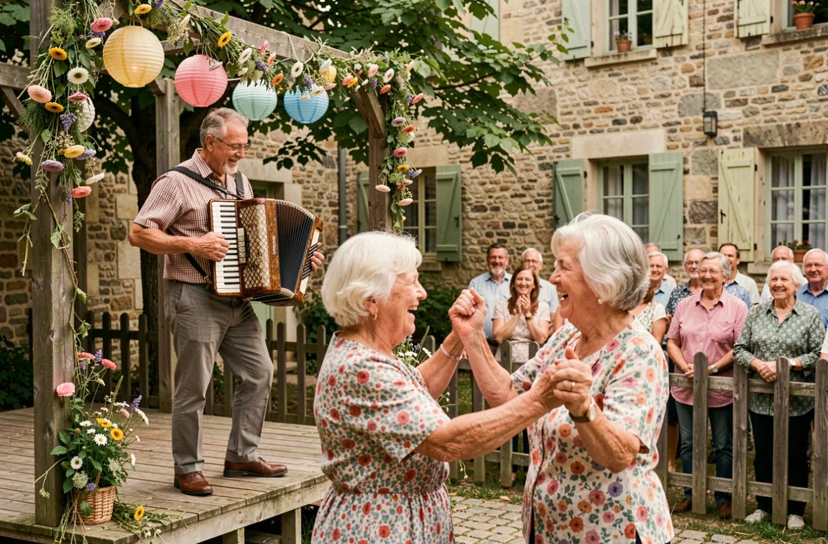 Musicien jouant de l'accordéon lors d'une fête traditionnelle de village en Aveyron avec des habitants qui dansent