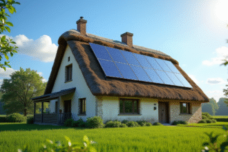 Panneaux solaires modernes sur une ferme normande avec toit en chaume
