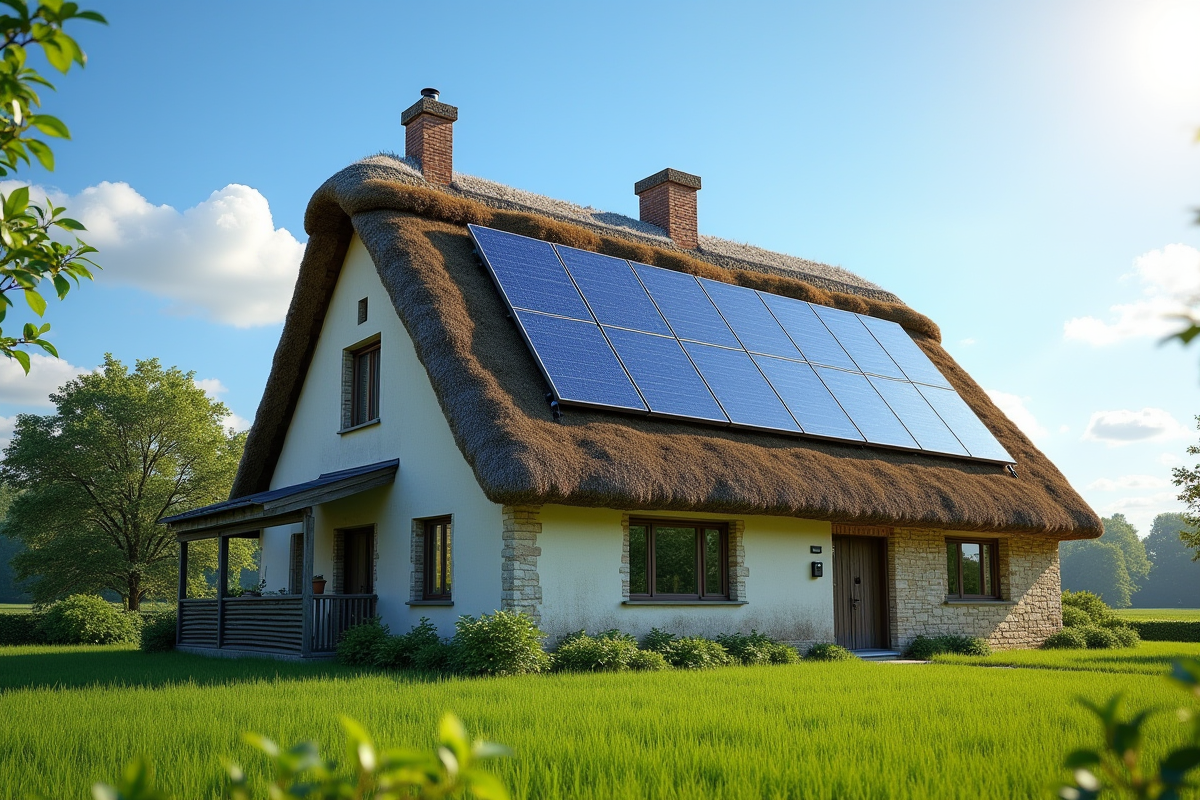 Panneaux solaires modernes sur une ferme normande avec toit en chaume