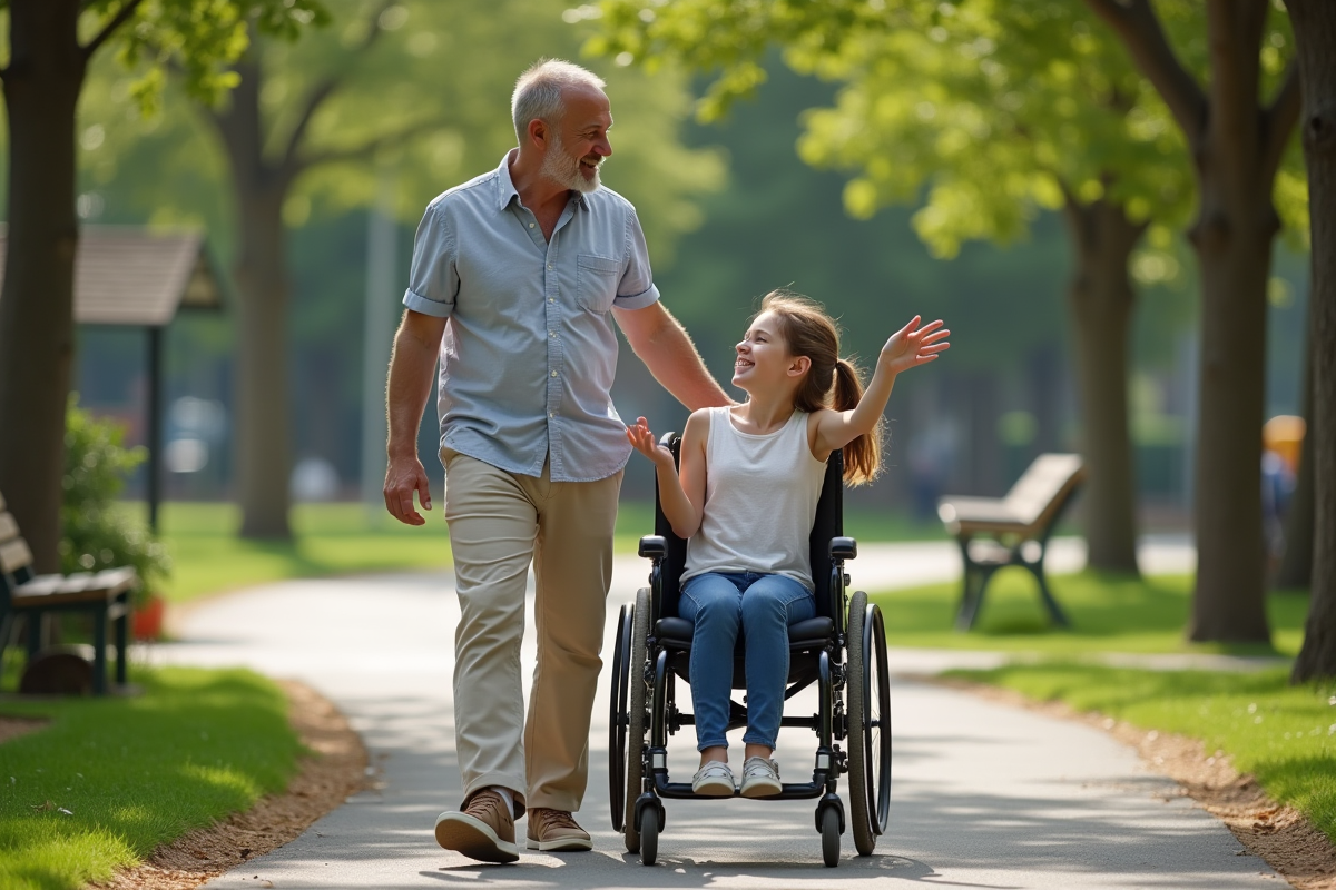 Père poussant sa fille en fauteuil dans un parc urbain