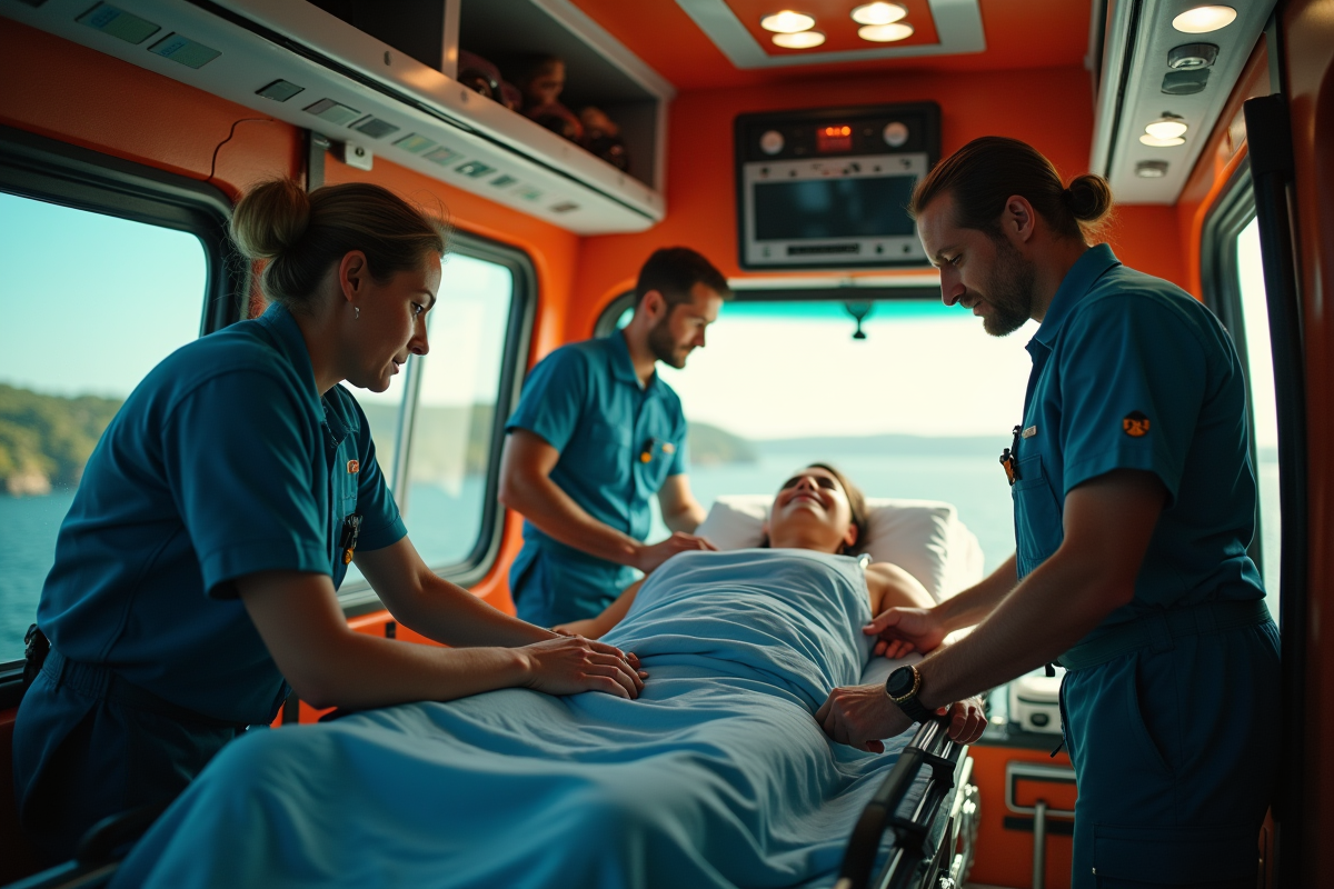 Paramedics soignant un patient dans une ambulance hélicoptère