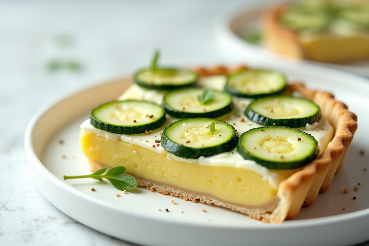 Tranche de tarte courgette et chèvre sur assiette moderne