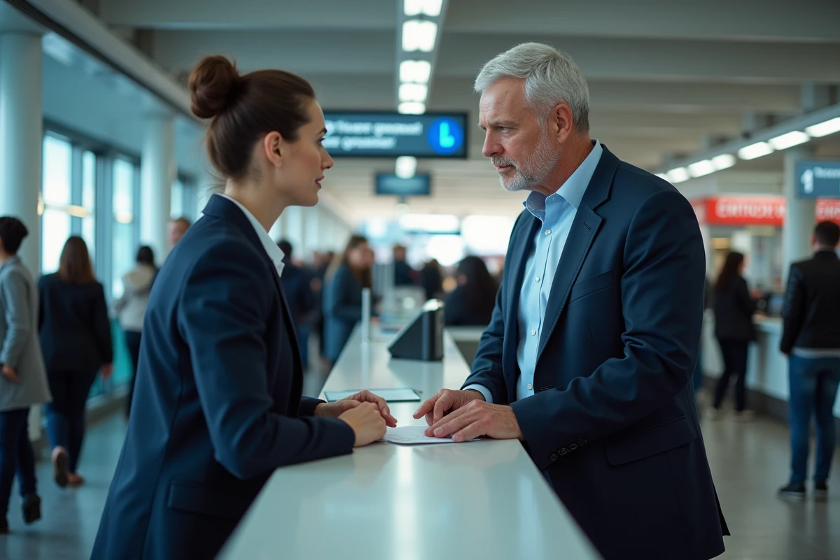 Passager demandant un remboursement de billet à un guichet de service client dans une gare
