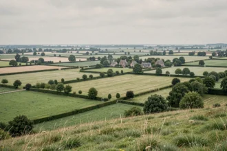 Paysage agricole normand avec bocage, prairies et fermes traditionales illustrant l'occupation des sols en Normandie
