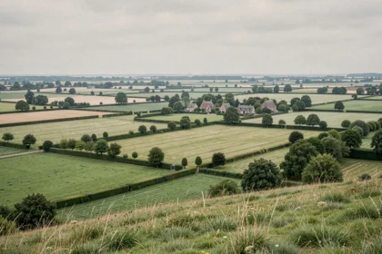 Paysage agricole normand avec bocage, prairies et fermes traditionales illustrant l'occupation des sols en Normandie