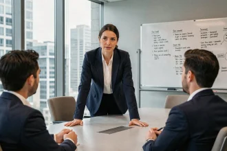 Femme ESTJ au tempérament assertif désamorçant un conflit en réunion d'entreprise avec ses collègues