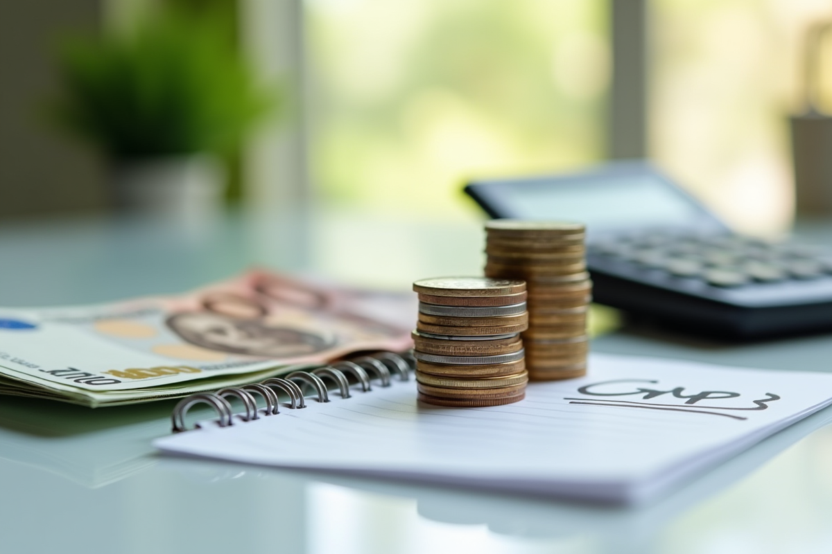 Pièces de monnaie et billets avec une calculatrice et notes sur le PIB