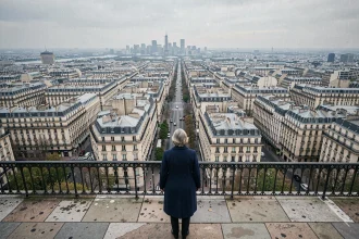 Femme contemplant l'immense panorama d'une ville française depuis un point de vue en hauteur, illustrant l'étendue méconnue d'une grande métropole française