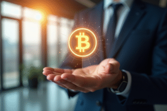 Professionnel d'affaires tenant un hologramme blockchain lumineux