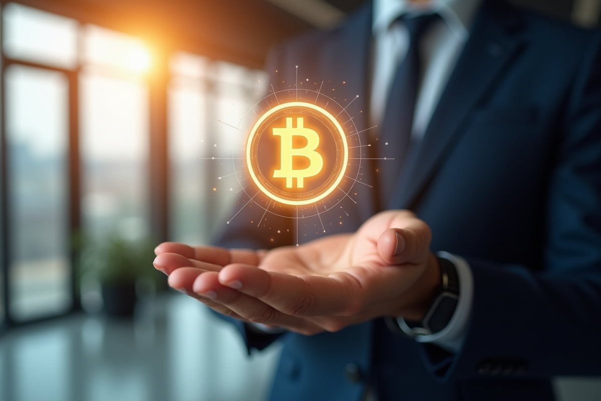 Professionnel d'affaires tenant un hologramme blockchain lumineux