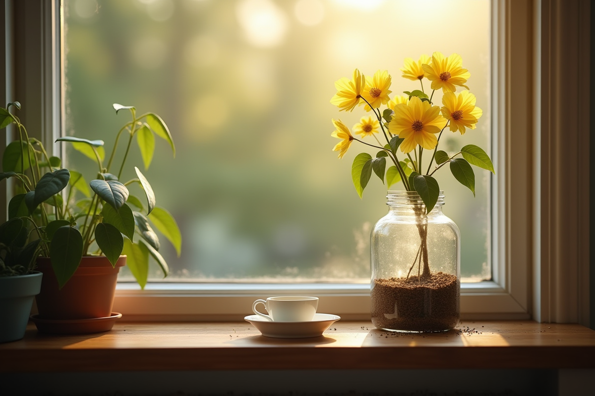 Eau dans un vase avec un honeysuckle en intérieur et racines en formation