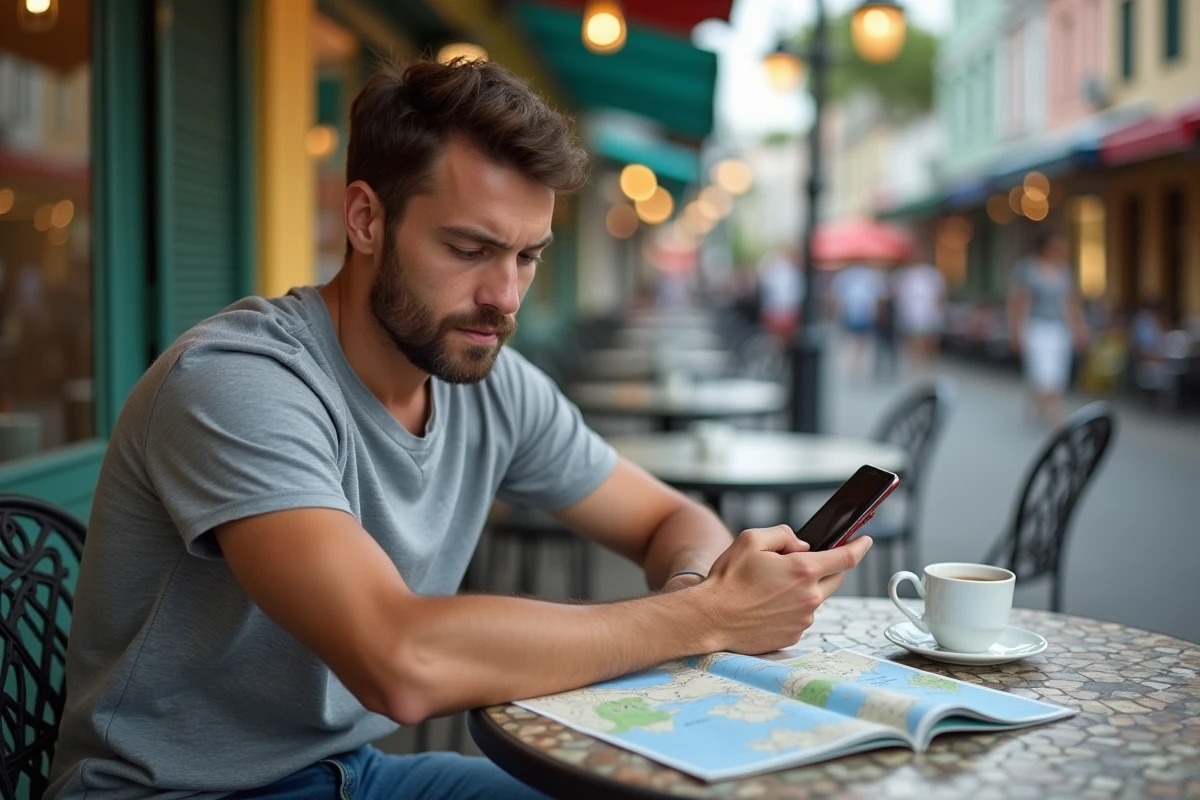 Jeune homme consultant les codes postaux de Maurice sur smartphone dans un café de Port Louis