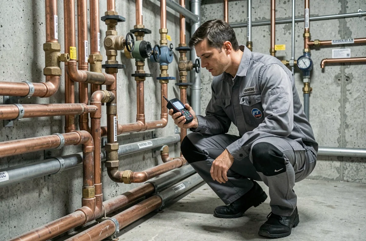 Spécialiste réseau sanitaire de Reims Plomberie inspectant des canalisations dans un local technique