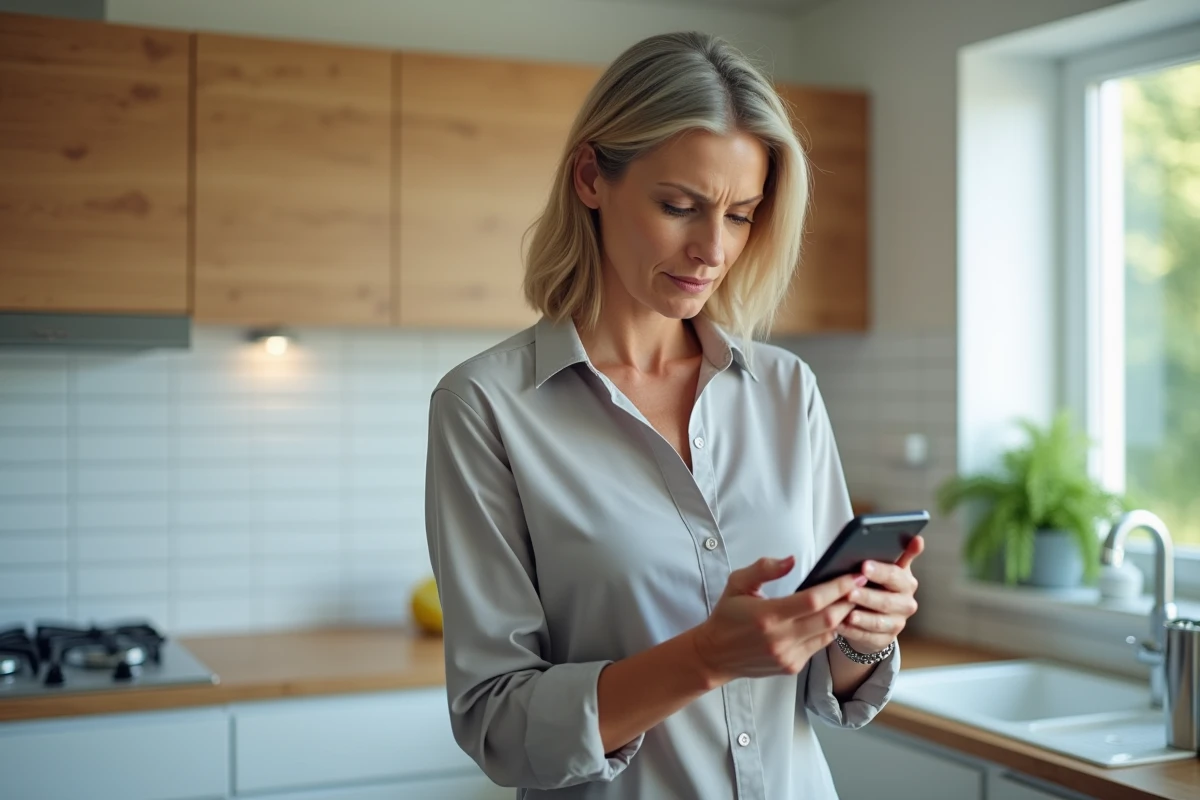 Femme consultant son smartphone pour réinitialiser son mot de passe et accéder à son espace membre en ligne