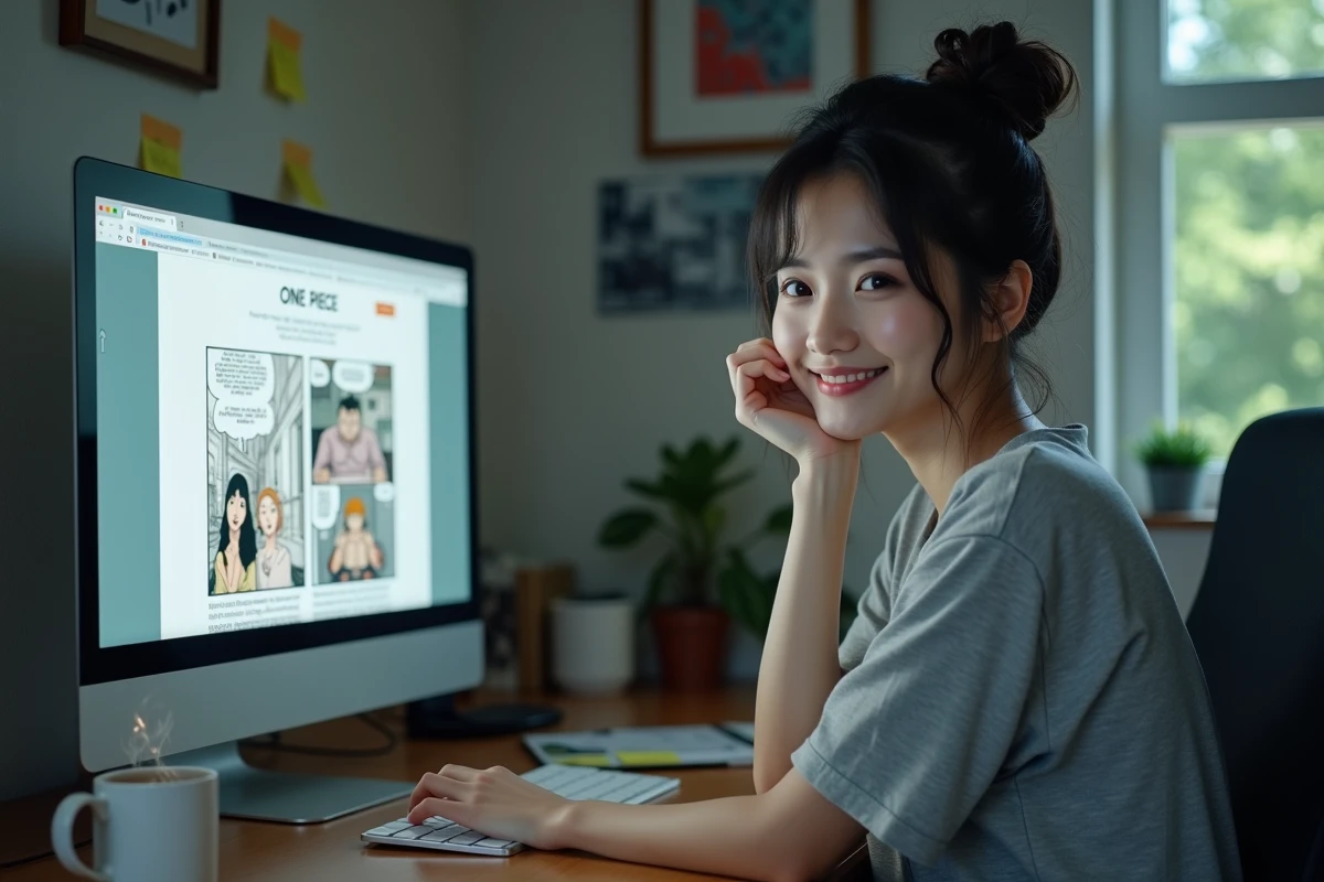 Femme nostalgique lisant un ancien chapitre culte de One Piece sur un site de scan manga depuis son bureau à domicile