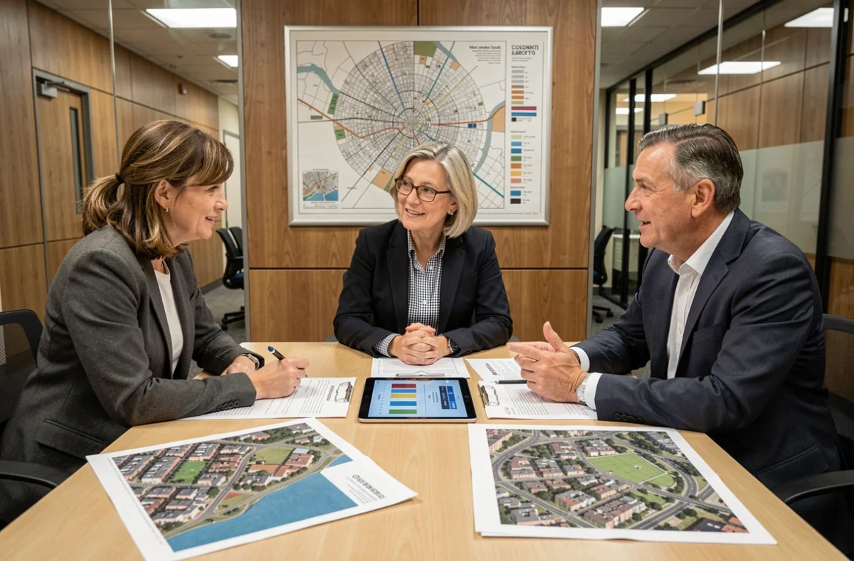 Réunion d'élus municipaux analysant des documents de conversion de surfaces et plans de zonage urbain
