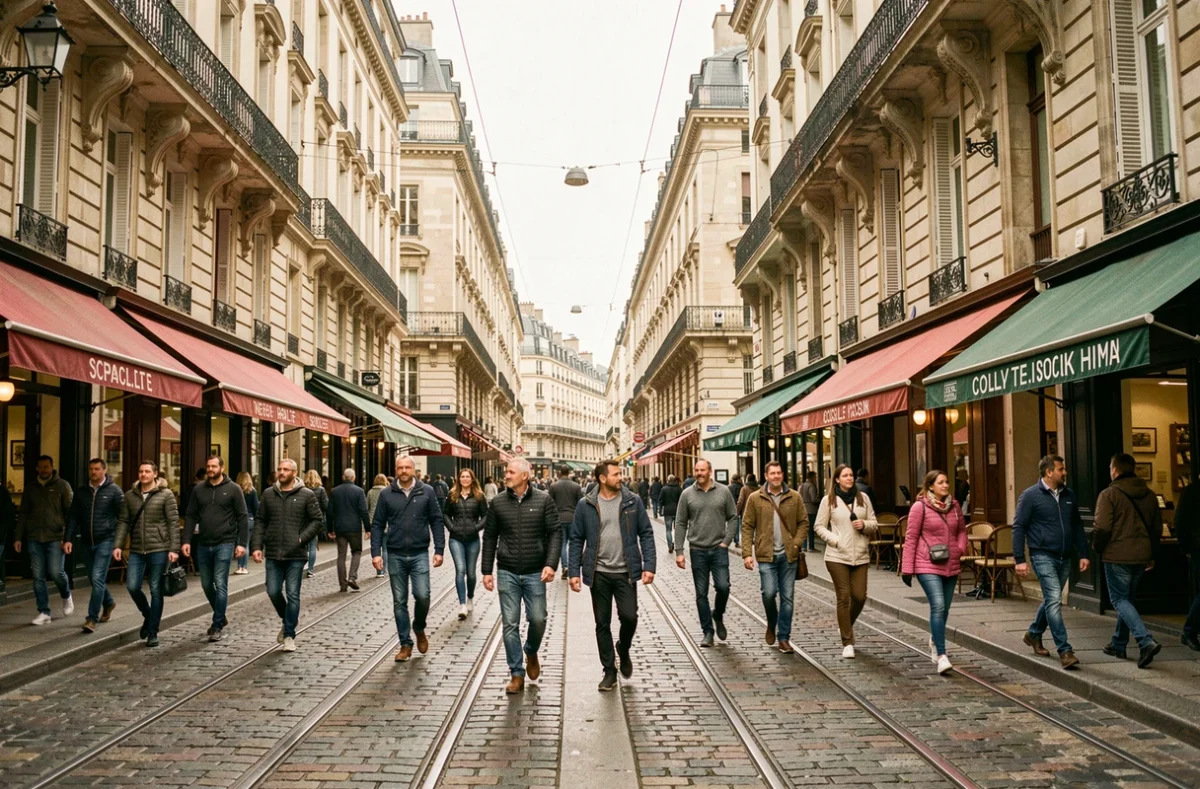 Rue commerçante animée d'une grande ville française moins connue, avec une foule de piétons et une architecture urbaine dense typique des métropoles régionales françaises