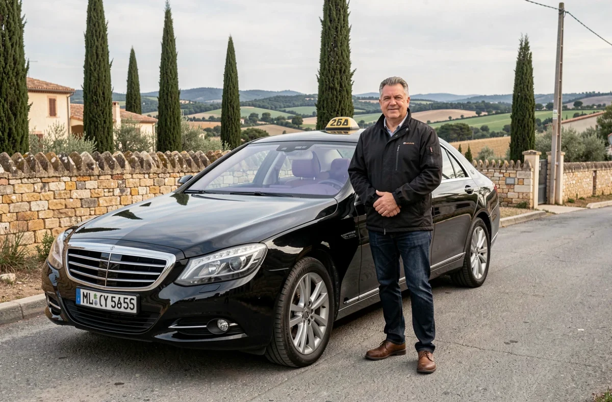 Chauffeur de taxi en veste noire à côté d'une berline pour Saint Clair Taxi dans l'Hérault