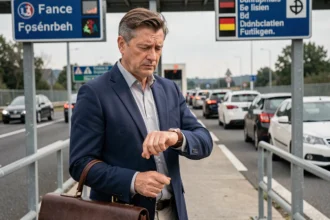 Salarié frontalier tenant une mallette devant un poste frontière franco-allemand, illustrant les enjeux des jours fériés en Moselle